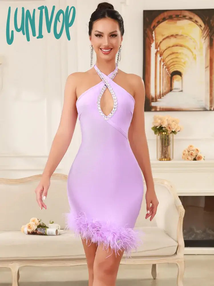 Lunivop Women Celebrity Sexy Backless Halter Purple Black White Feather Mini Bandage Dress 2024 Knitted Elegant Evening Club Party Dress Pleated Skirt Elegant Lunivop Women Celebrity Sexy Backless Halter Purple Black White Feather Mini Bandage Dress 2024 Knitted Elegant Evening Club Party Dress Pleated Skirt Elegant
