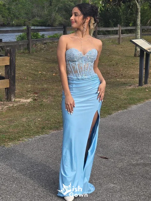 Gorgeous Light Blue Sweetheart Lace Appliques Side Slit Mermaid Long Party Dress Prom Dresses ,WGP1012 Peplum Ruffle Cocktail Gorgeous Light Blue Sweetheart Lace Appliques Side Slit Mermaid Long Party Dress Prom Dresses ,WGP1012 Peplum Ruffle Cocktail