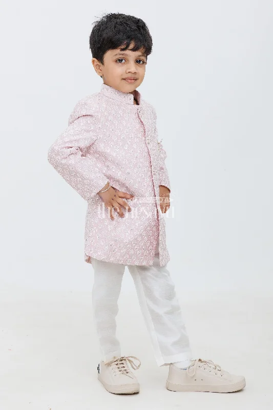 Pink Blended Silk Boys Sherwani Set with Cream Pants Slim-Fit Leggings