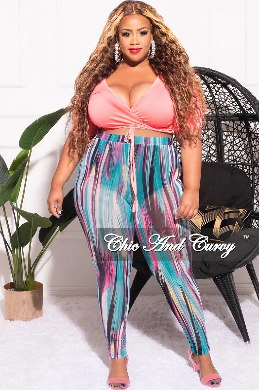Final Sale Plus Size 2pc Long Sleeve Crop Tie Top and Mesh Pants in Neon Pink Multi Color Chic Wool Trousers