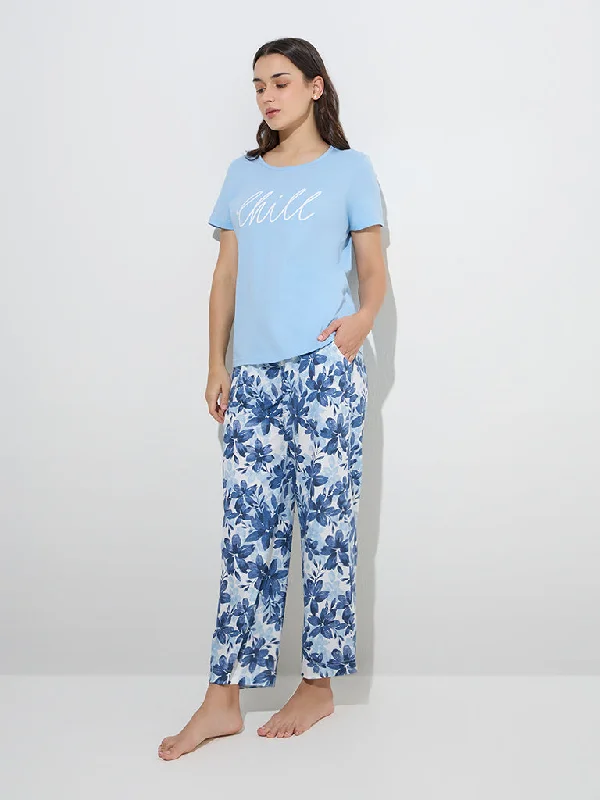 Wunderlove Blue Floral Design Mid-Rise Cotton Lounge Pants Stylish Casual Pants