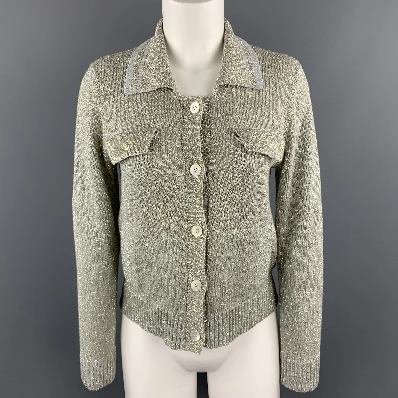 DRIES VAN NOTEN Size M Silver & Gold Sparkle Knit Collared Cardigan Lace Blend Ribbed Blend Corduroy Blend