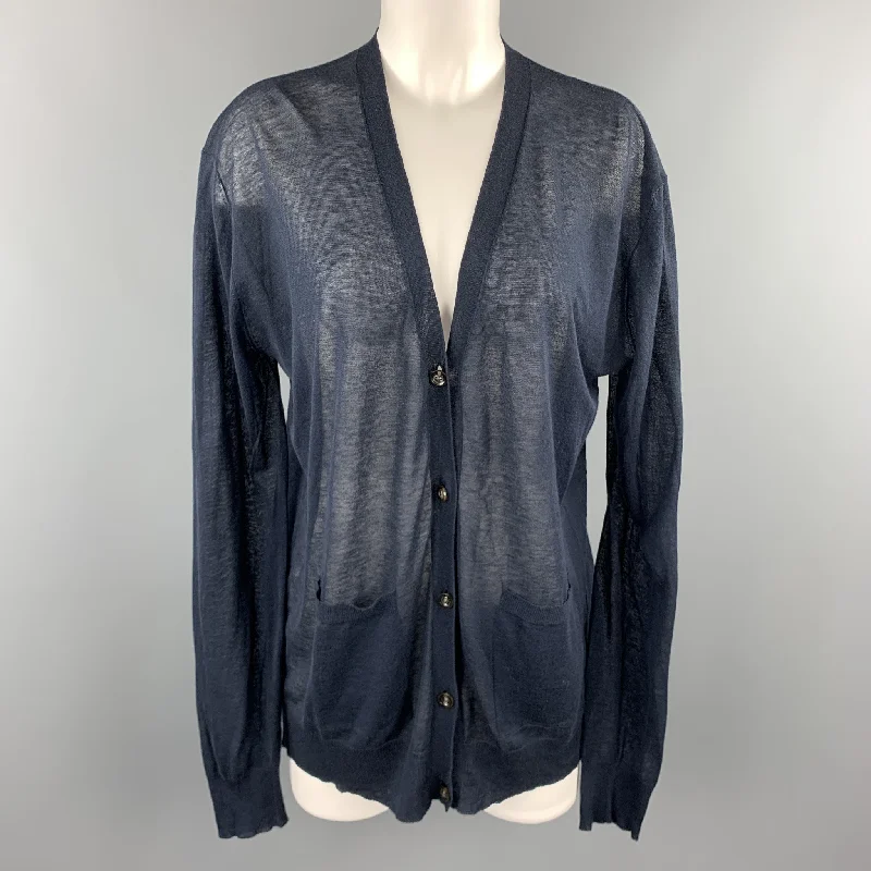 DRIES VAN NOTEN Size M Navy Cotton / Cashmere Sheer Knit Cardigan Terry Blend Velvet Blend Canvas Blend
