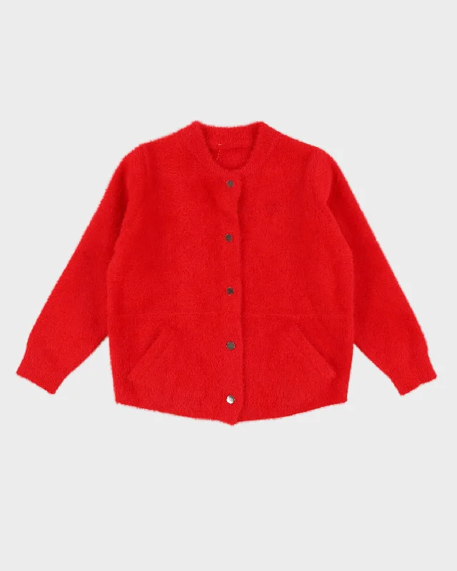 Red Fluffy Jacket-Style Cardigan - S Rayon Fabric Velvet Fabric Corduroy Fabric