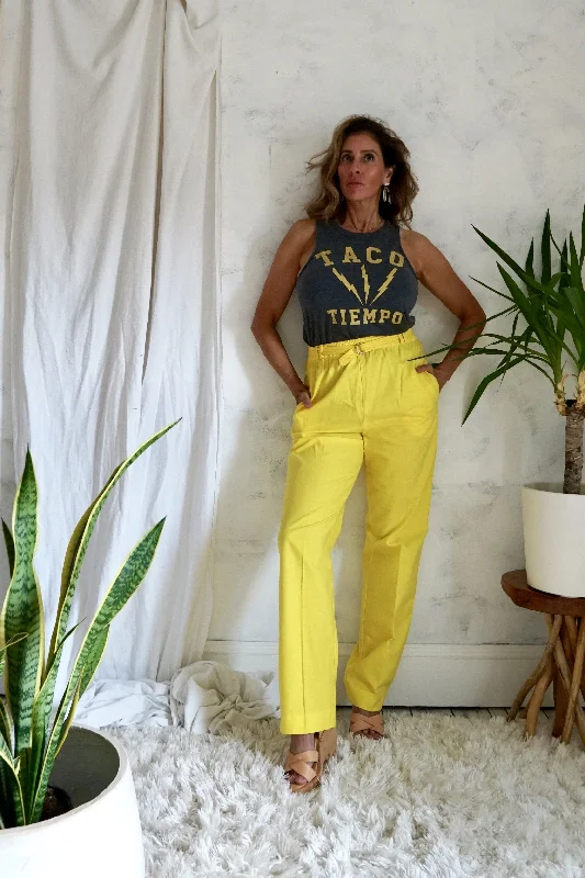 Vintage Canary Yellow Belted Pants Cozy Full-Length Pants