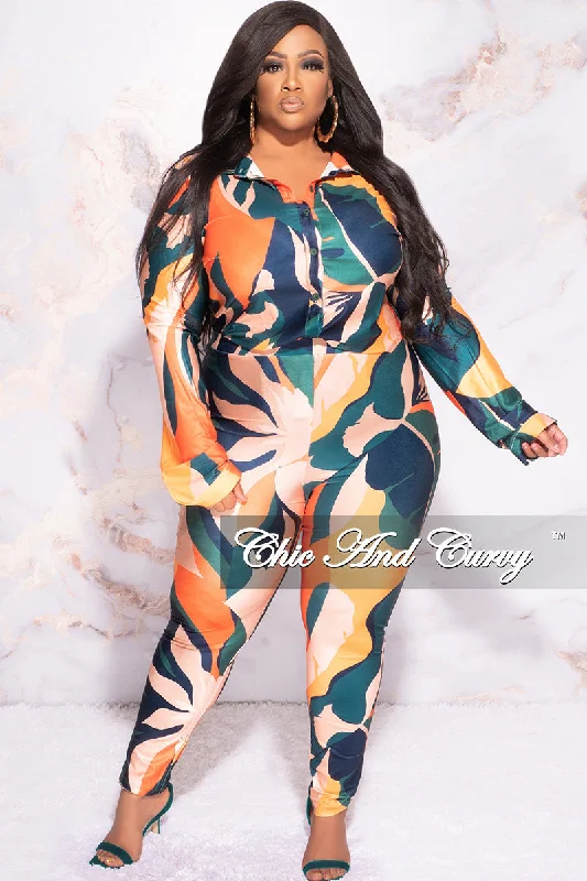 Final Sale Plus Size 2pc Button Up Collar Top and Pants Set in Orange Multi Color Design Print Comfortable Jogging Pants
