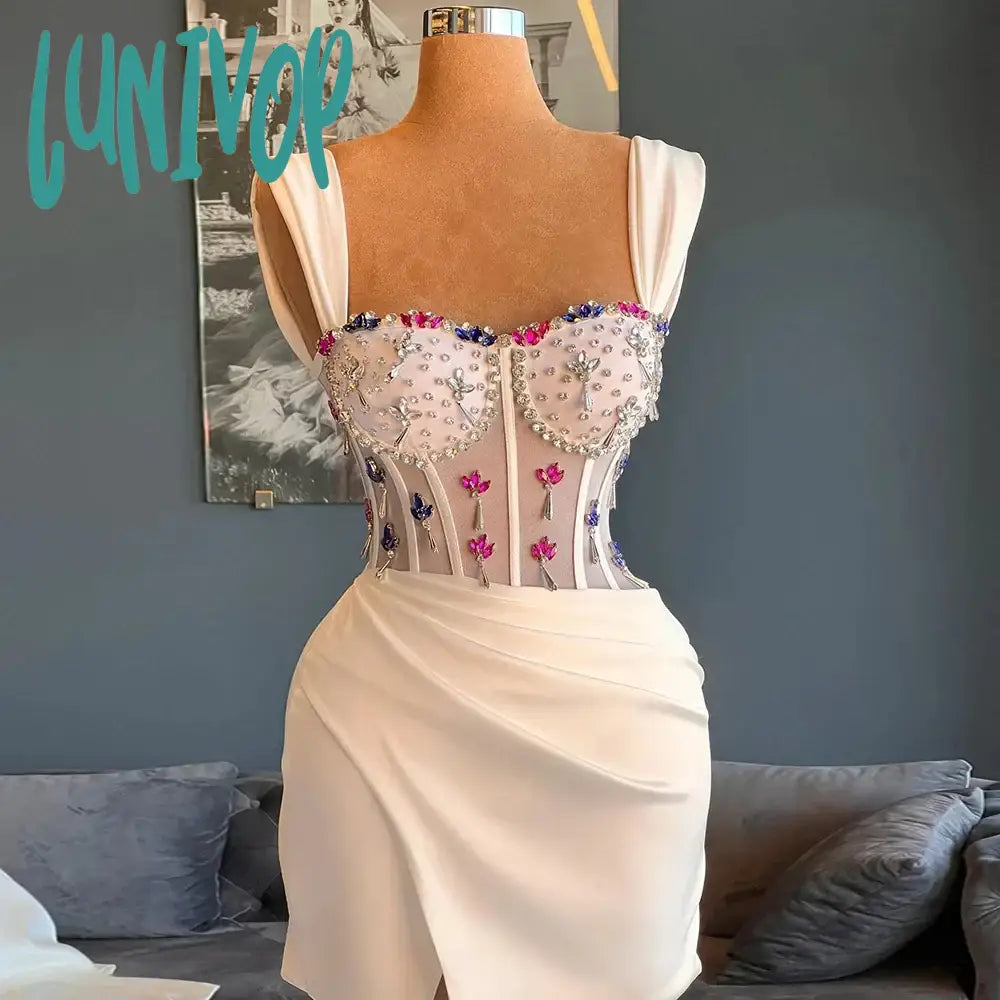 Lunivop Women's Cocktail Dress Crystal Mini Cocktail Gown Sleeveless Side Slit Pleated Illusion Party Dresses vestidos de festa Tunics Custom made Lunivop Women's Cocktail Dress Crystal Mini Cocktail Gown Sleeveless Side Slit Pleated Illusion Party Dresses vestidos de festa Tunics Custom made