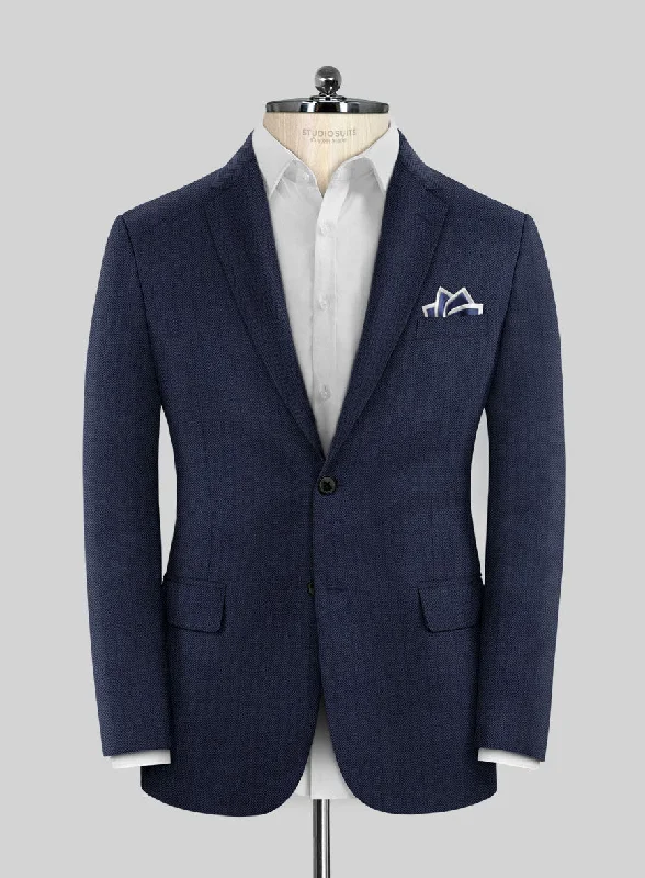 Scabal Tornado Herringbone Navy Blue Wool Jacket A-Line Jacket Boat Neck Shawl Collar