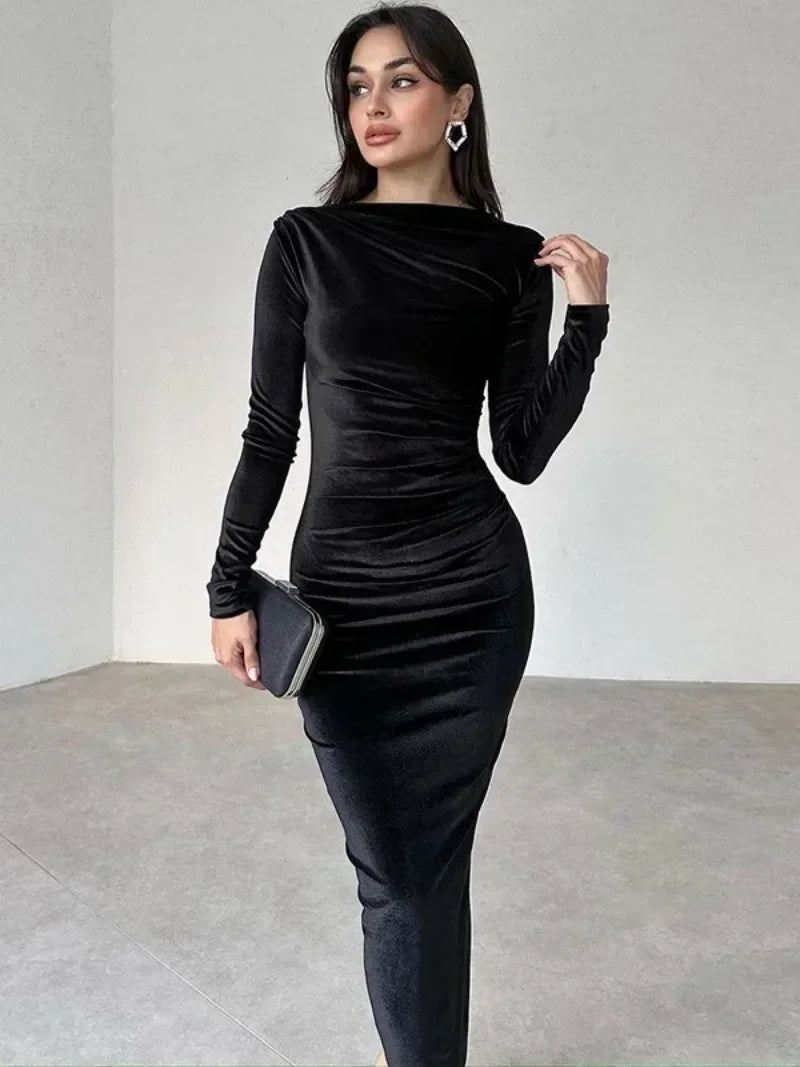 Cinessd Christmas Outfit 2024 Autumn Elegant O-neck Folds Mid-calf Velvet Dresses for Women Long Sleeve Tunics High Waist Bodycon Evening Party Dress Tunics Long Elegant Cinessd Christmas Outfit 2024 Autumn Elegant O-neck Folds Mid-calf Velvet Dresses for Women Long Sleeve Tunics High Waist Bodycon Evening Party Dress Tunics Long Elegant