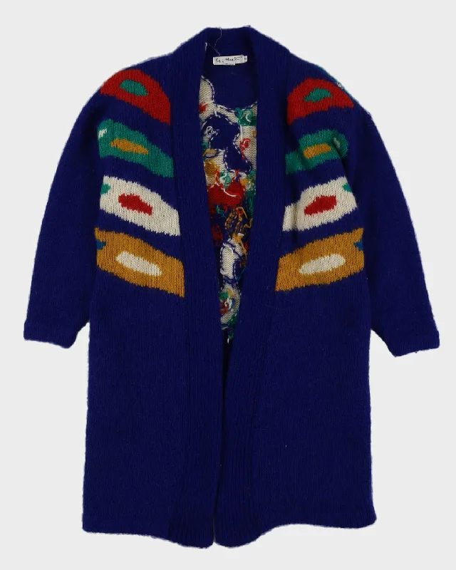 Blue Patterned Chunky Knitted Cardigan - S Thin Thick Dense