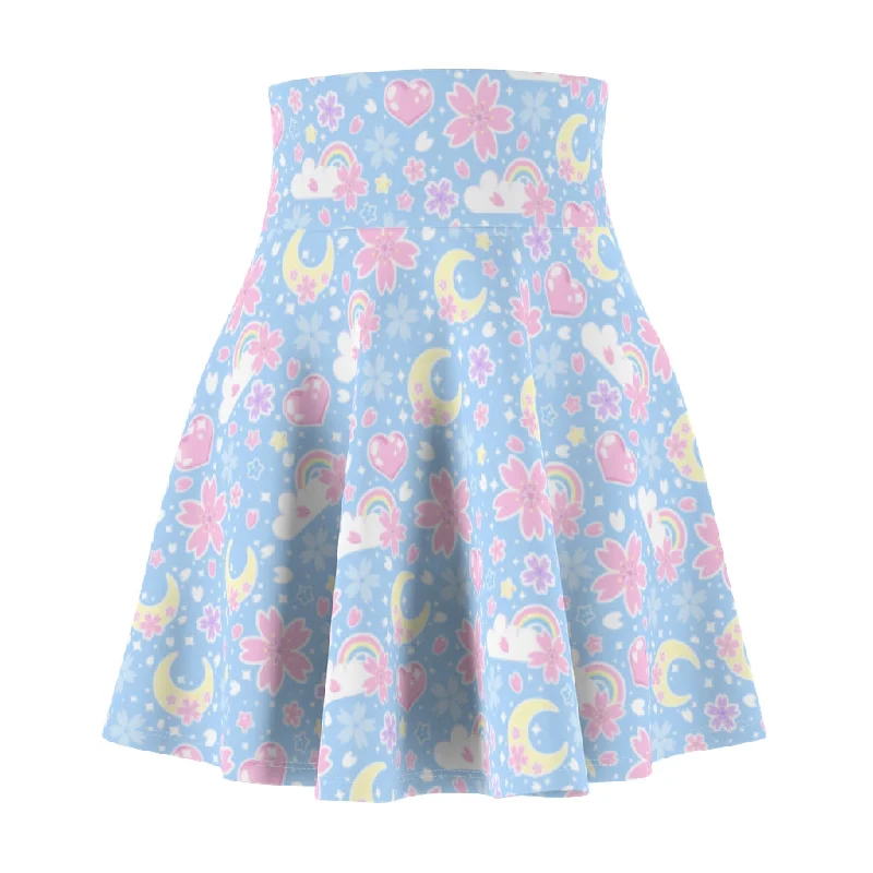 Cherry Blossom Dreams Blue High Waist Skater Skirt modal blend skirt