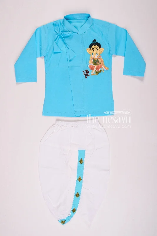 Elegant Blue Ganesh Utsav Baby Kurtha with Dothi Pant Set Comfortable Pleated Pants