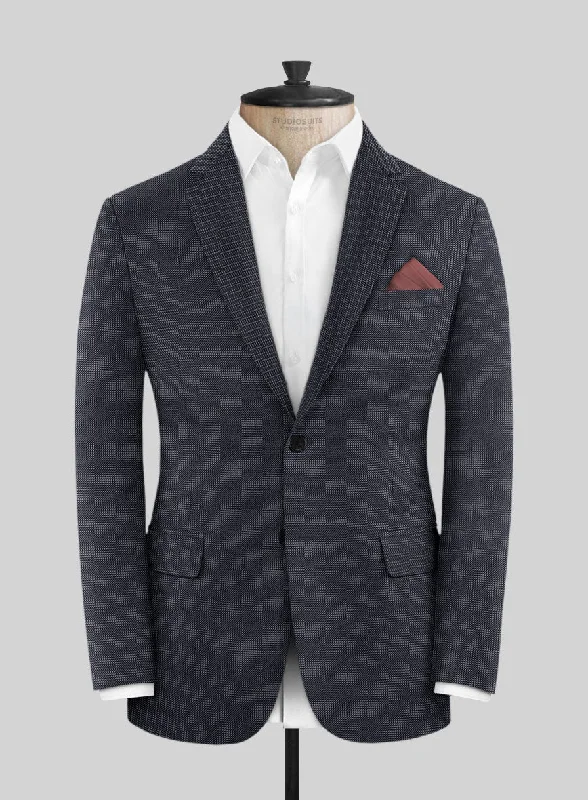 Scabal Tornado Pin Check Blue Wool Jacket Collared Jacket Crew Neck Jacket Turtle Neck Jacket