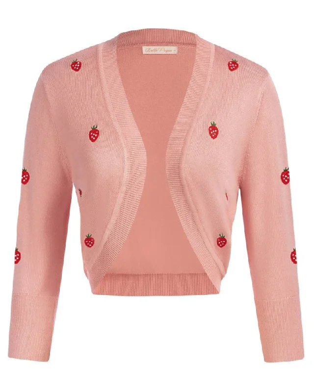 Vintage Strawberry Embroidered Cardigan 3/4 Sleeve Open Front Cropped Knitwear Hooded Cardigan Collared Cardigan Shawl Collar
