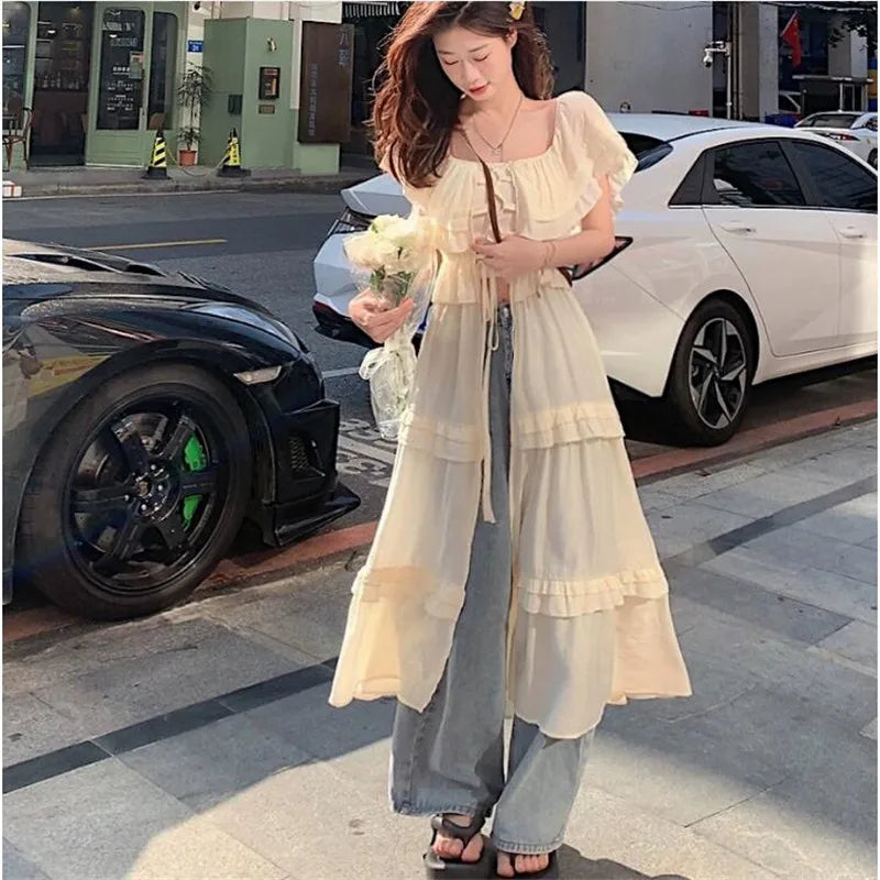 TAVIMART  -  New Summer Slash Neck Sweet Split Beach Dress Sexy Lace Up Straps Ruffles Cover Up High Slip Long Shirt Fairy Cardigan for Women Terry Blend Velvet Blend Canvas Blend