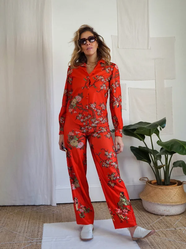 70's Cherry Blossom Floral Pant Set Casual Yoga Pants