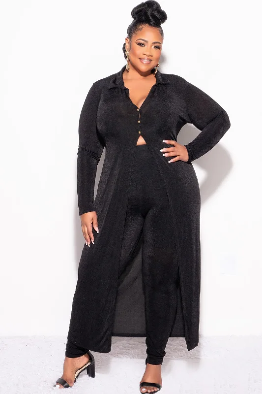Final Sale Plus Size 2pc Set Duster Top with Front Gold Buttons and Matching Pants in Black Slinky Fabric Formal Dress Pants