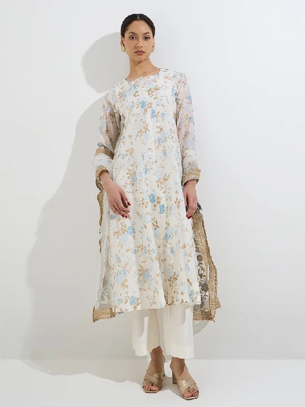 Vark White A-Line Cotton-Blend Kurta Inner, Pants & Dupatta Set Relaxed Lounge Trousers