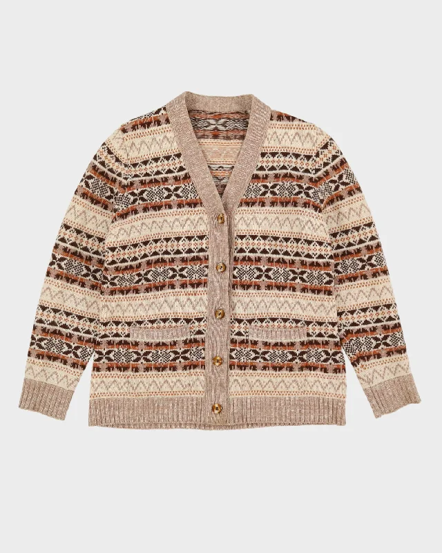 Vintage 1970s Brown Patterned Knitted Cardigan - S Elasticated Padded Insulated