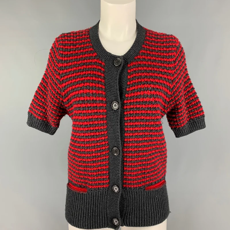 SEE By Chloe Size 8 Grey Red Wool Acrylic Stripe Cardigan Chenille Fabric Brocade Fabric Lace Fabric