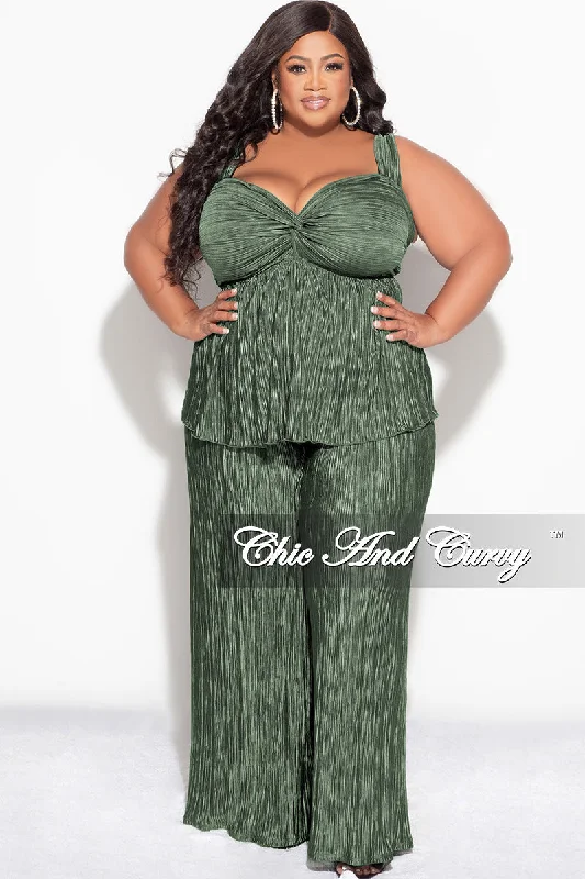 Final Sale Plus Size Sleeveless Pleated Peplum Top and Palazzo Pants Set in Olive Casual Skinny Fit Pants