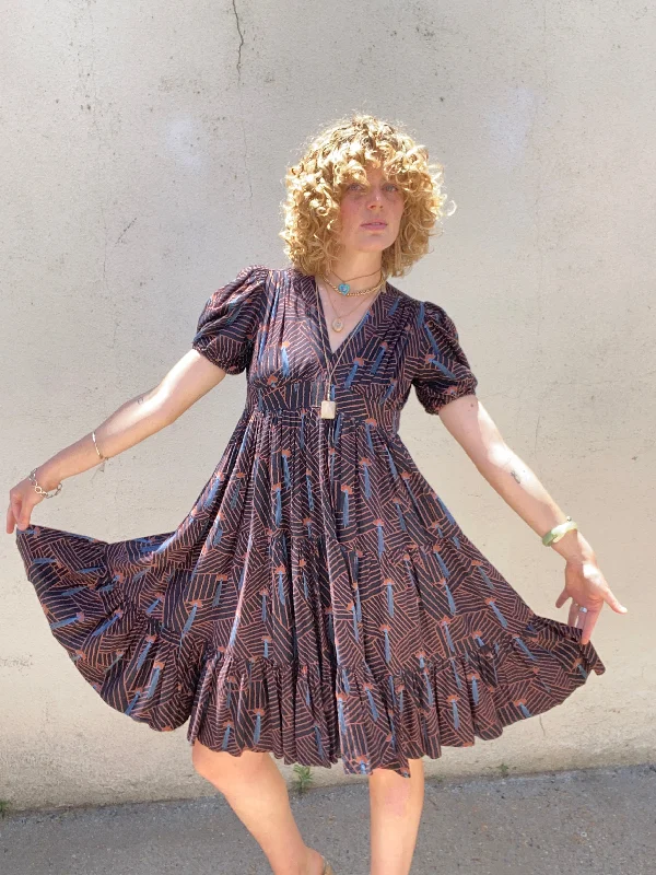 Ossie Clark Cotton Fan Pattern Party Dress A-Line Day Work