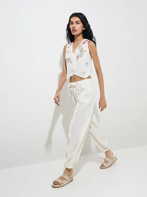 Bombay Paisley Off-White High-Rise Cotton-Blend Pants Classic Cropped Pants