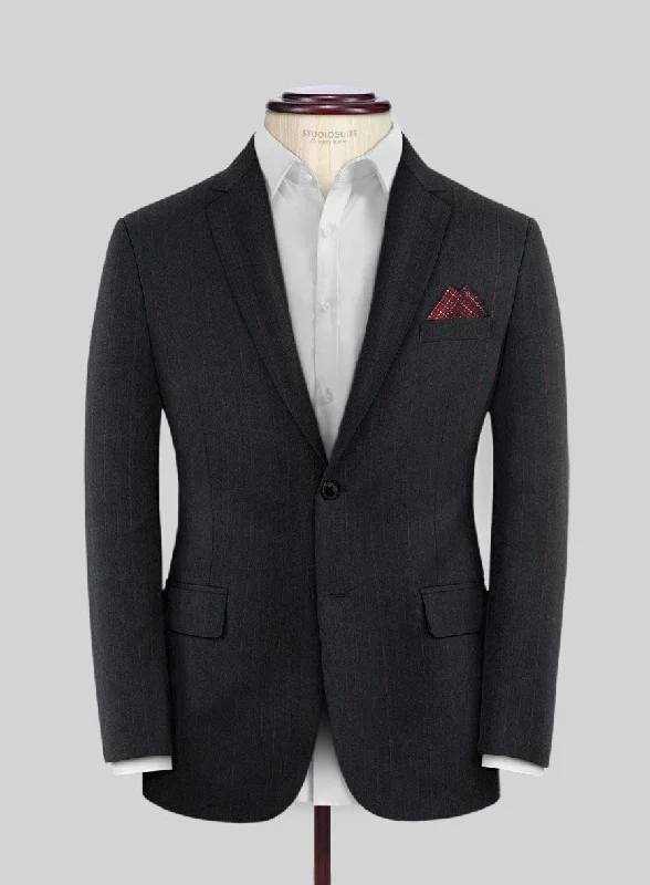 Scabal Sapphire Beaded Stripe Charcoal Wool Jacket One-Shoulder Jacket Off-the-Shoulder Jacket Asymmetrical Jacket
