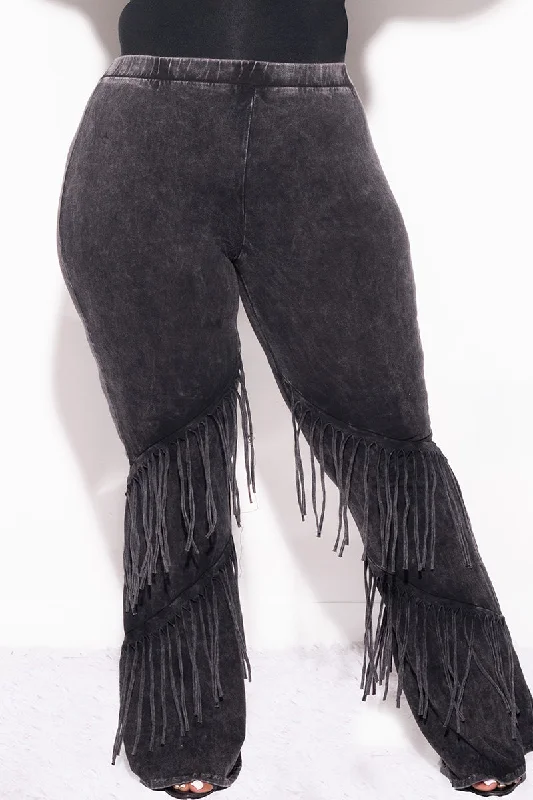Final Sale Plus Size High Waist Fringe Trim Pants in Black Mineralize Fabric Classic Straight-Leg Pants