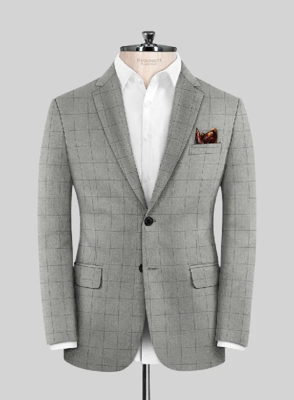 Scabal Londoner Windowpane Light Gray Wool Jacket Hooded Jacket Caped Jacket Shawl Collar Jacket