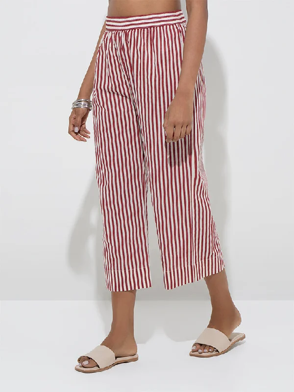 Utsa Red Stripe Patterned Cotton Ethnic Pants Casual Plaid Pants