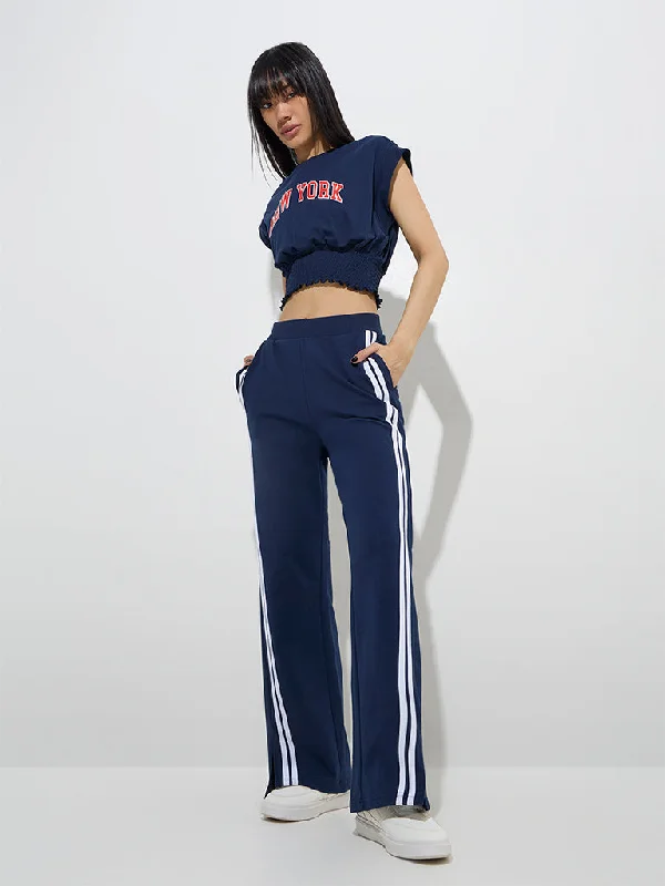 Studiofit Navy Striped High-Rise Cotton-Blend Track Pants Soft Stretch Pants