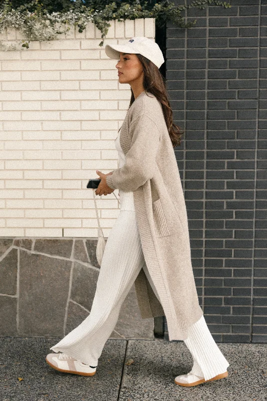 Nicolette Open Front Long Cardigan - Latte Knit Fabric Woven Fabric Fleece Fabric