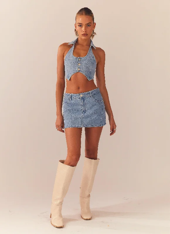 Giddy Up Denim Mini Skirt - Subdued Blue high slit skirt