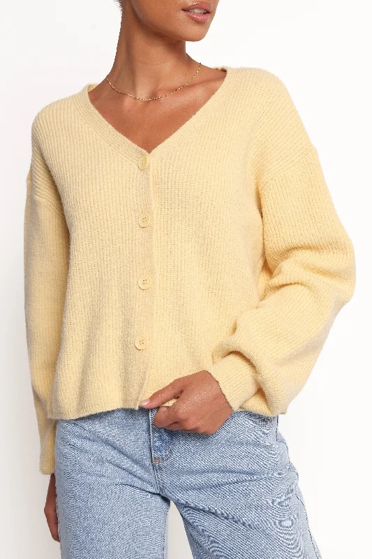 Sybil Button Front Cardigan - Butter Yellow Fitted Loose Oversized