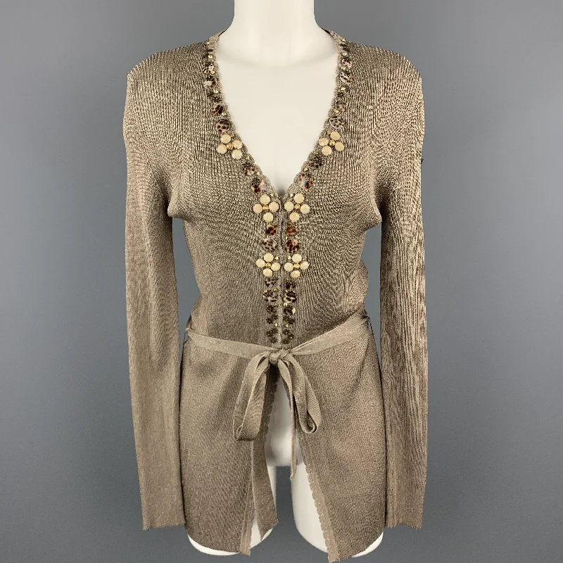 BLUMARINE Size 8 Taupe Sparkle Knit EMbellished V Neck Cardigan Lightweight Heavyweight Midweight