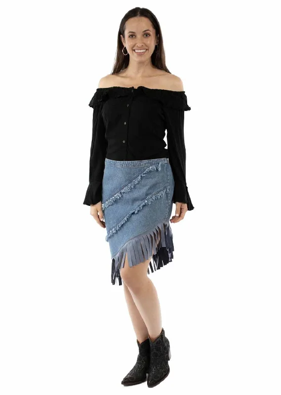 Scully Womens Asymmetrical Fringe Bottom Blue 100% Cotton Skirt chiffon skirt flowing