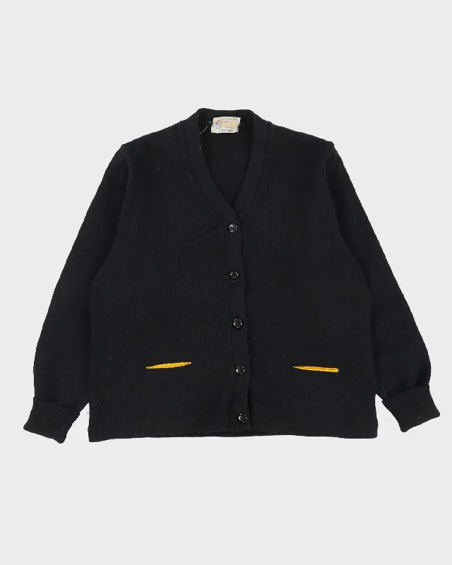 Vintage 1970s Black Knitted College Cardigan - M Welt Pockets Slit Pockets Flap Pockets