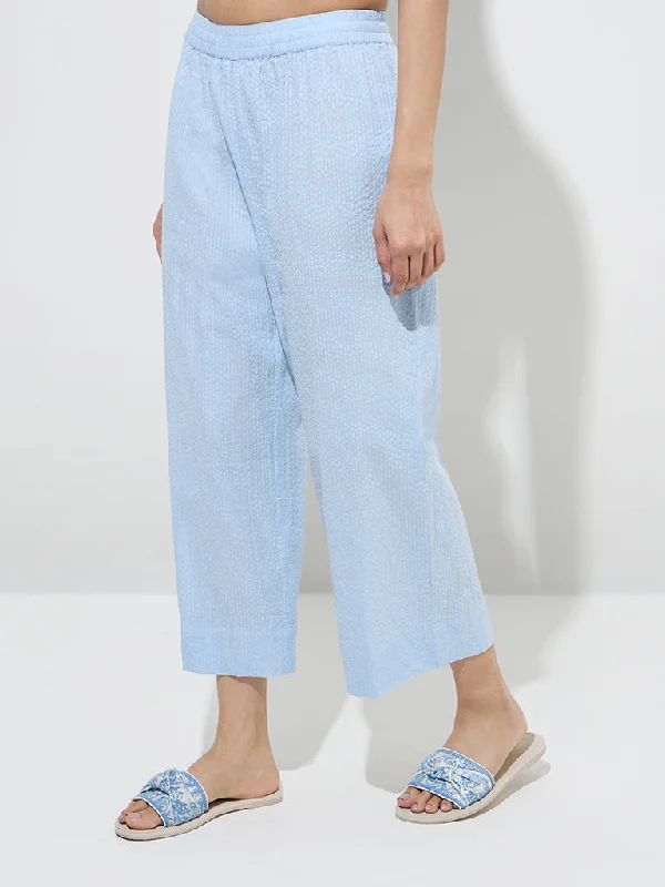 Utsa Light Blue Seersucker Striped Cotton Ethnic Pants Casual Wide Pants
