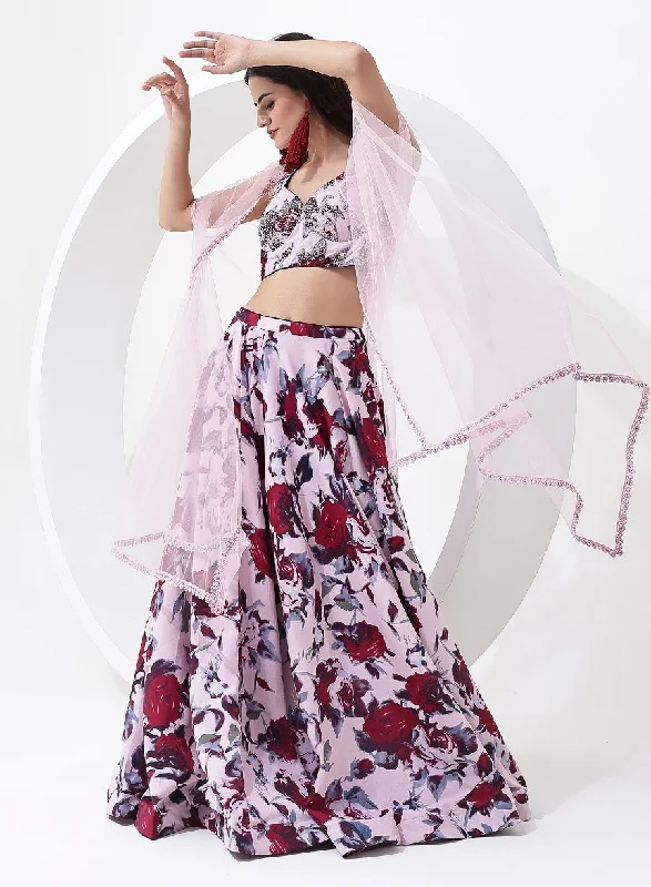 Baby Pink Color with Floral Digital Print Lehenga Choli with Jacket Style Dupatta. Collared Jacket Crew Neck Jacket Turtle Neck Jacket