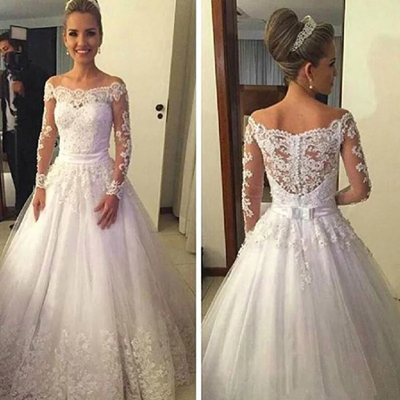 Cheap Vantage Off Shoulder Long Sleeve White Lace Tulle Wedding Party Dresses, WD0015 Tunics Travel practical