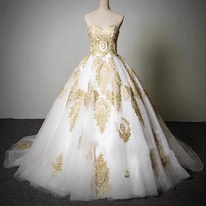 Cheap Popular Classic Sweetheart Gold Lace White Tulle Wedding Party Dresses, WD0071 Tunics Running lightweight