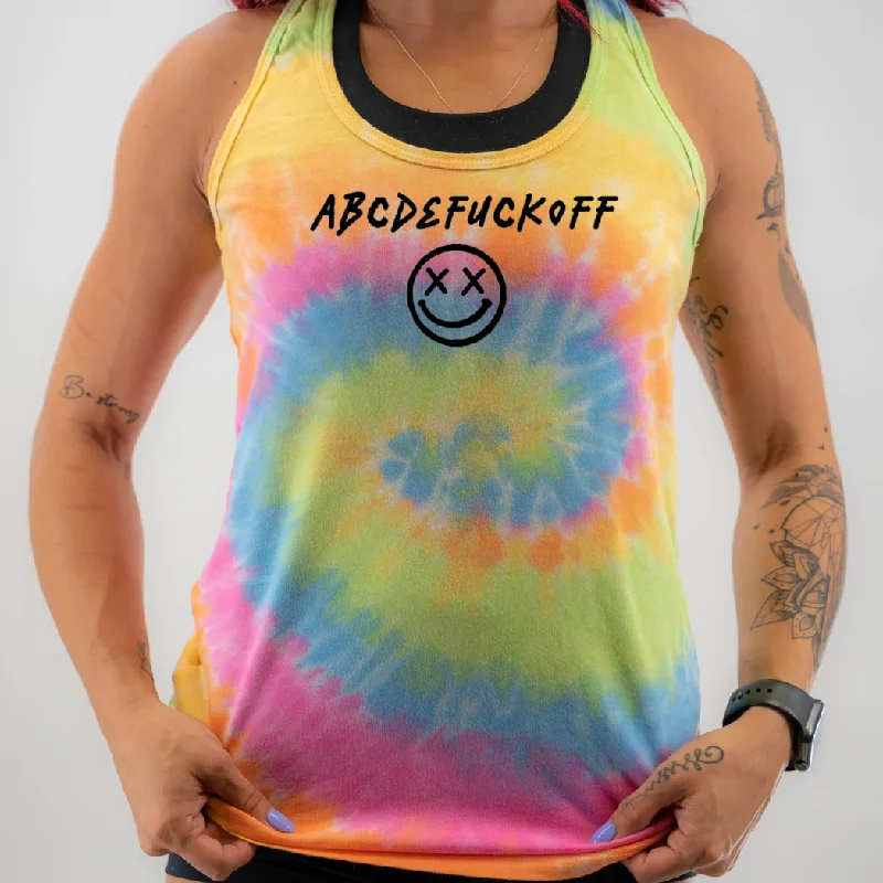 Ladies “ABCDEFUCKOFF” Racerback Tank | Tie Dye neon tank top
