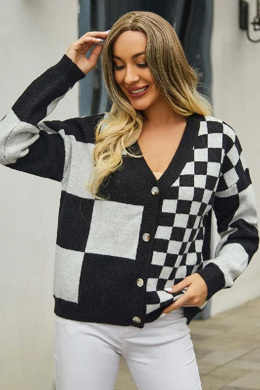 PLAID PATTERN BUTTONED KNIT CARDIGAN FOR WOMEN Stretchy Elastic Breathable