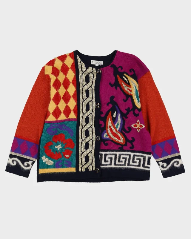 Blue And Orange Patterned Cardigan - M Notch Collar Peter Pan Collar Cowl Neck