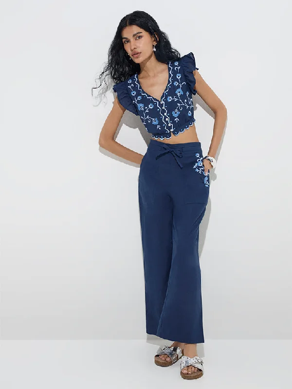 Bombay Paisley Navy Floral High-Rise Cotton-Blend Pants Modern Bootcut Pants