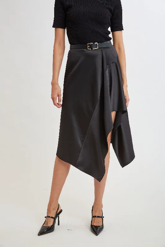 Asymmetric Hem Satin Midi Skirt pleated skirt texture
