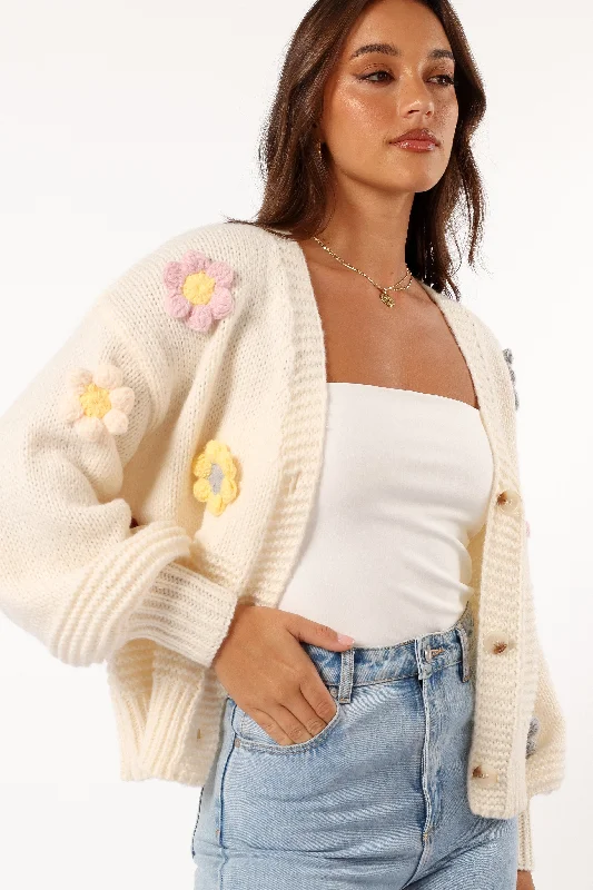 Sienna Flower Cardigan - Cream Ribbed Striped Patterned