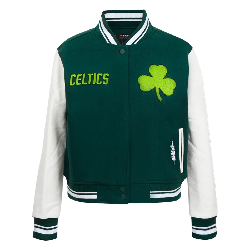 NBA BOSTON CELTICS CITY EDITION 24-25 WOMEN'S RIB WOOL VARSITY JACKET (FOREST GREEN/WHITE) Faux Fur Jacket Real Fur Jacket Shearling Jacket