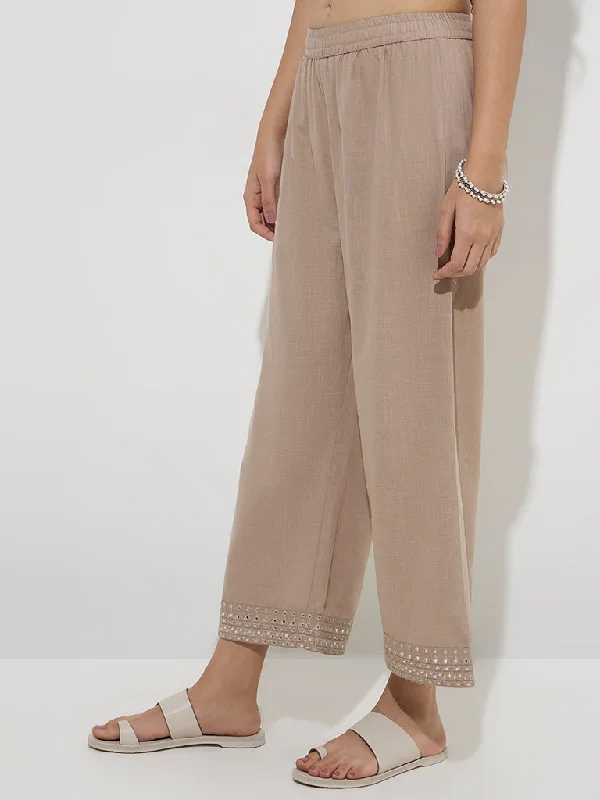 Utsa Taupe Mirror-Work High-Rise Cotton Pants Classic Straight-Leg Pants